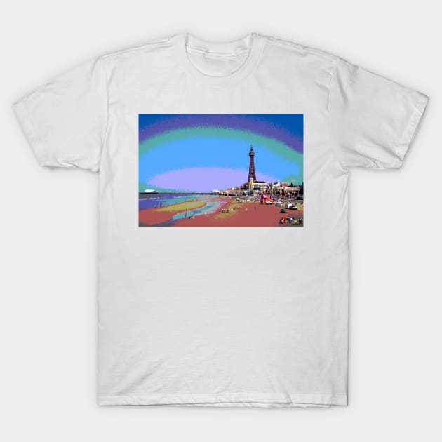 Blackpool Tower and Beach Posterized T-Shirt by mariakeady